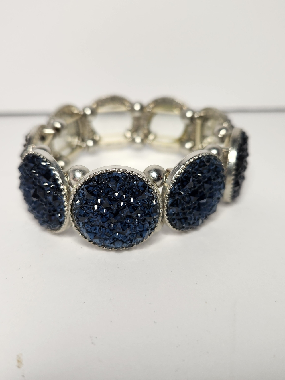 Silver-Tone Deep Navy Crystal Cluster Stretch Bracelet